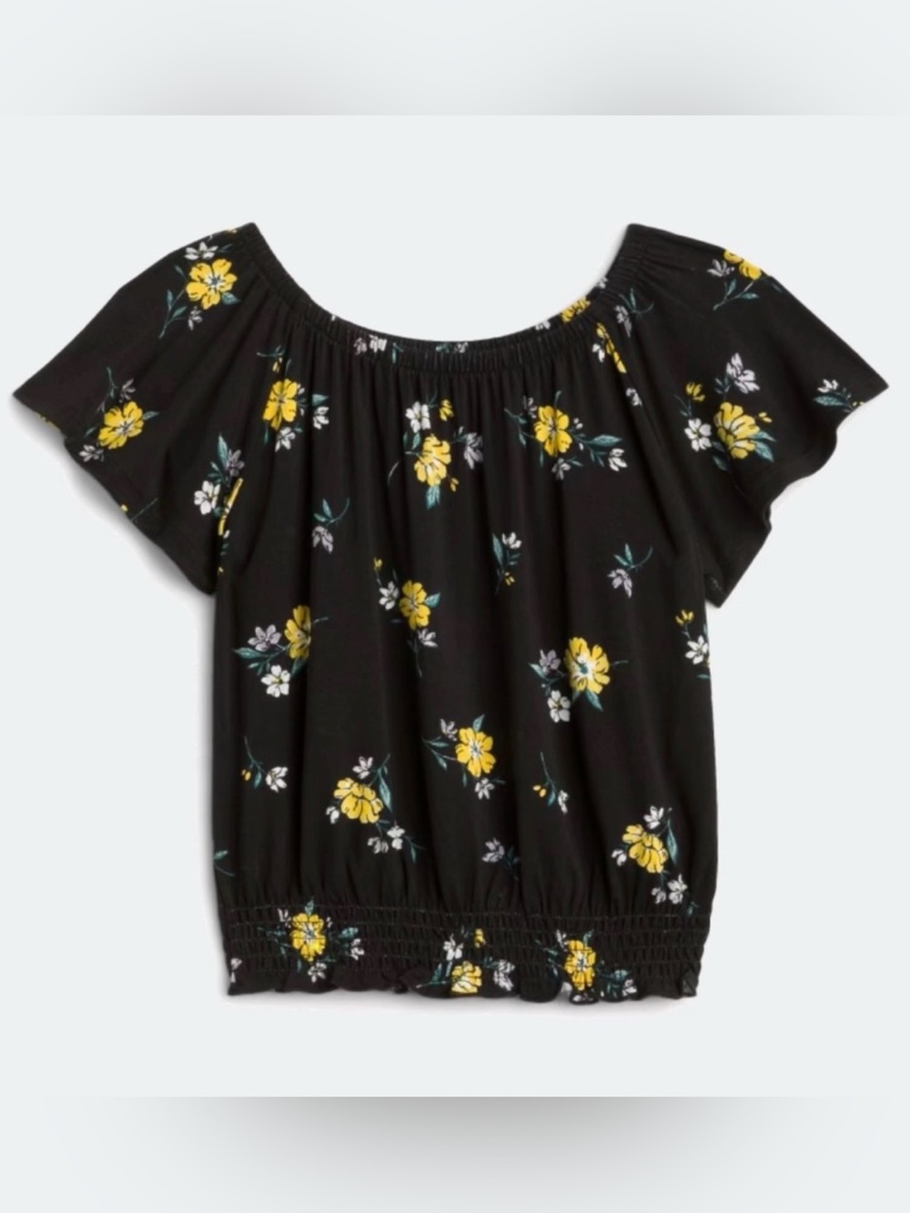 Bixby Nomad Girls Black Yellow Floral Smocked Flutter Sleeve Blouse - Size L